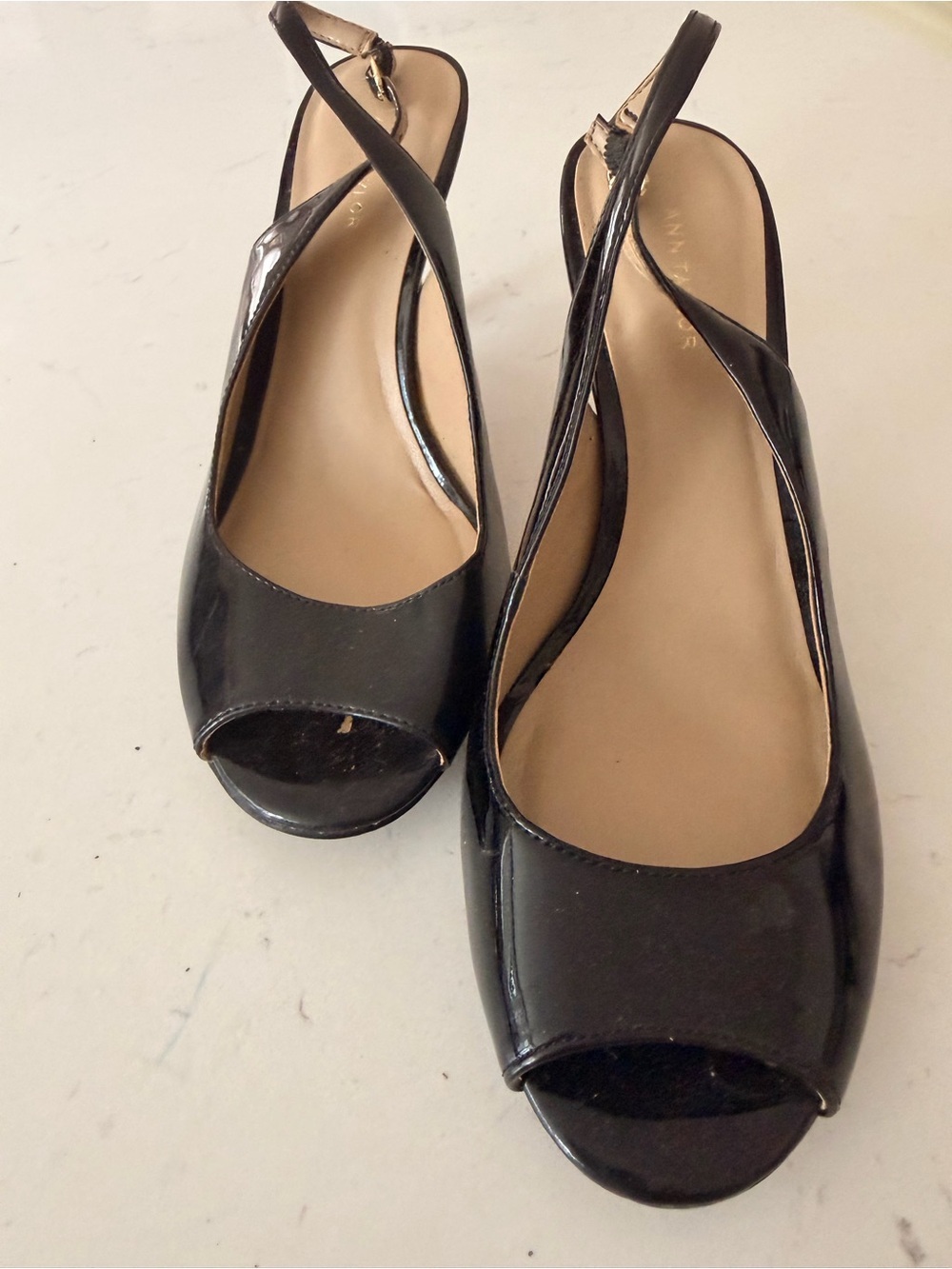 Ann Taylor Black Patent Peep-Toe Slingbacks